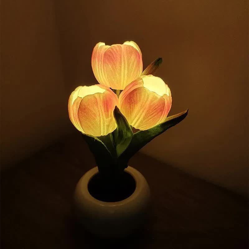 Orange Flowers USB Tulip Night Light - Bedroom Decor Table Lamp with PU Flowers & Ceramic Pot, Perfect Gift for Family & Friends