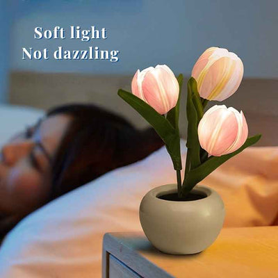 Orange Flowers USB Tulip Night Light - Bedroom Decor Table Lamp with PU Flowers & Ceramic Pot, Perfect Gift for Family & Friends