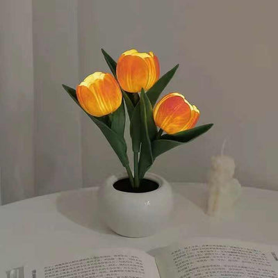 Orange Flowers USB Tulip Night Light - Bedroom Decor Table Lamp with PU Flowers & Ceramic Pot, Perfect Gift for Family & Friends