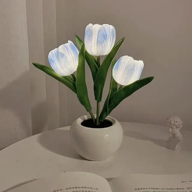 Blue Flowers USB Tulip Night Light - Bedroom Decor Table Lamp with PU Flowers & Ceramic Pot, Perfect Gift for Family & Friends