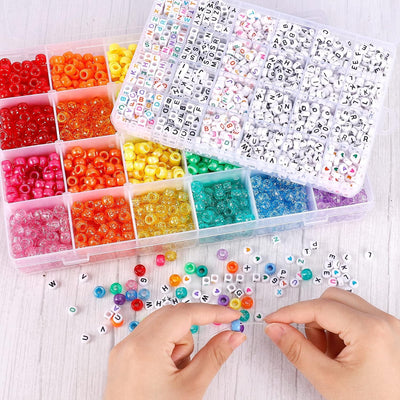 4000pcs Pony Beads Kit, 2400pcs Rainbow Kandi Beads and 1600pcs Letter Beads, 24 Colors Plastic Craft Beads Bulk for Bracelets Jewelry Making with 20m Crystal String and 30m Elastic String