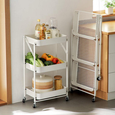 SOGA 2X 3 Tier Steel White Foldable Kitchen Cart Multi-Functional Shelves Portable Storage Organizer with Wheels