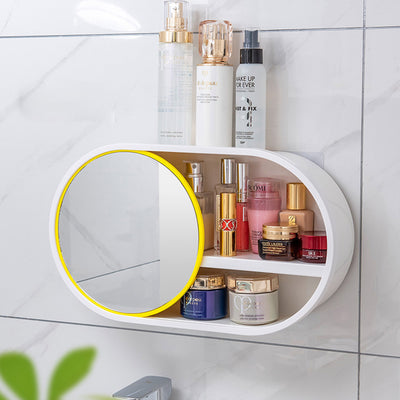 SOGA 2X 39cm Oval Wall-Mounted Mirror Storage Box Vanity Mirror Rack Bathroom Adhesive Shelf Home Organiser Decor