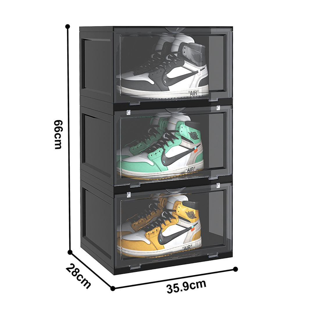 SOGA 3 Tier Black Portable Shoe Organiser Sneaker Footwear Folding Plastic Bin Stackable Storage Box with Magnet Doors