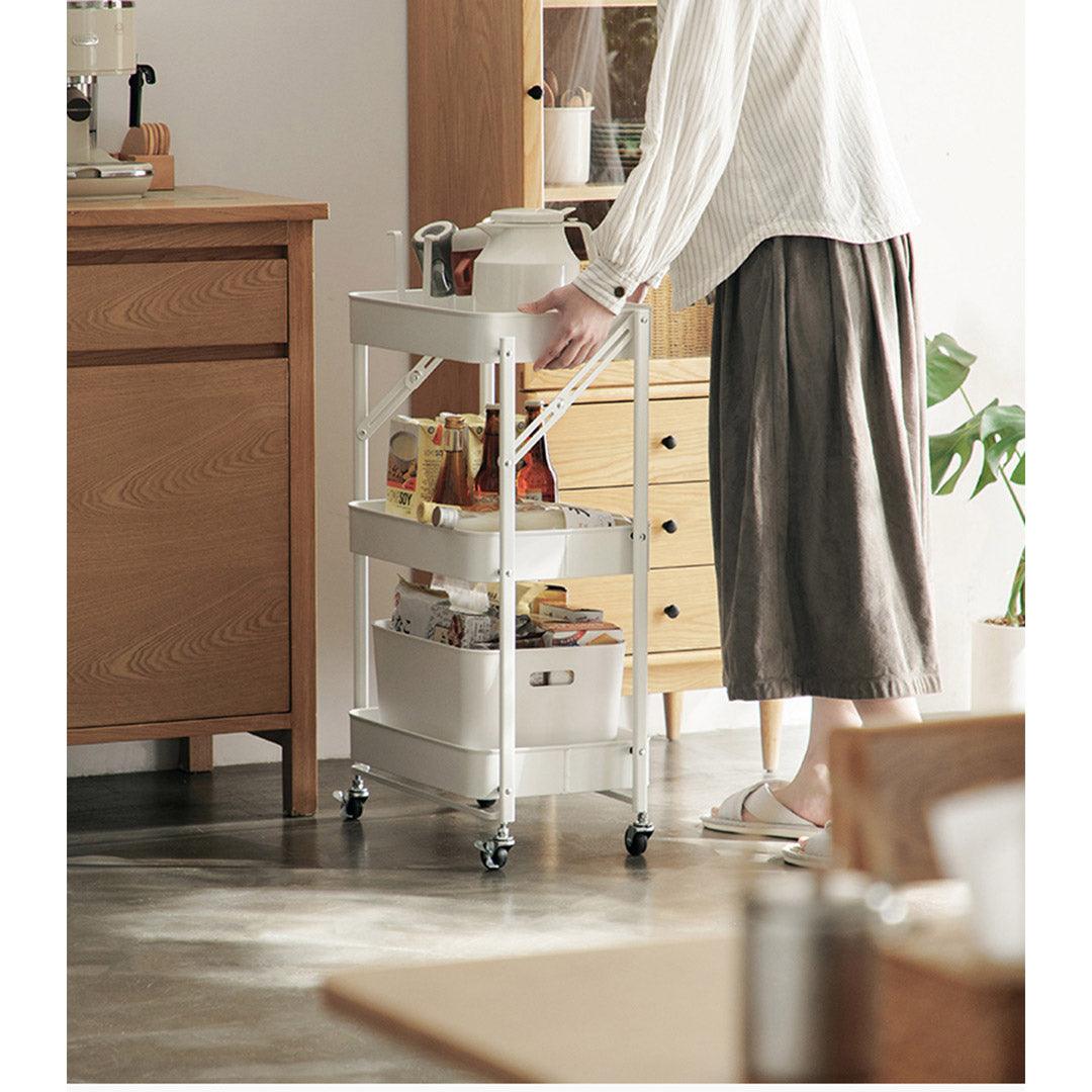 SOGA 2X 3 Tier Steel White Foldable Kitchen Cart Multi-Functional Shelves Portable Storage Organizer with Wheels