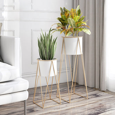 SOGA 50cm Gold Metal Plant Stand with White Flower Pot Holder Corner Shelving Rack Indoor Display