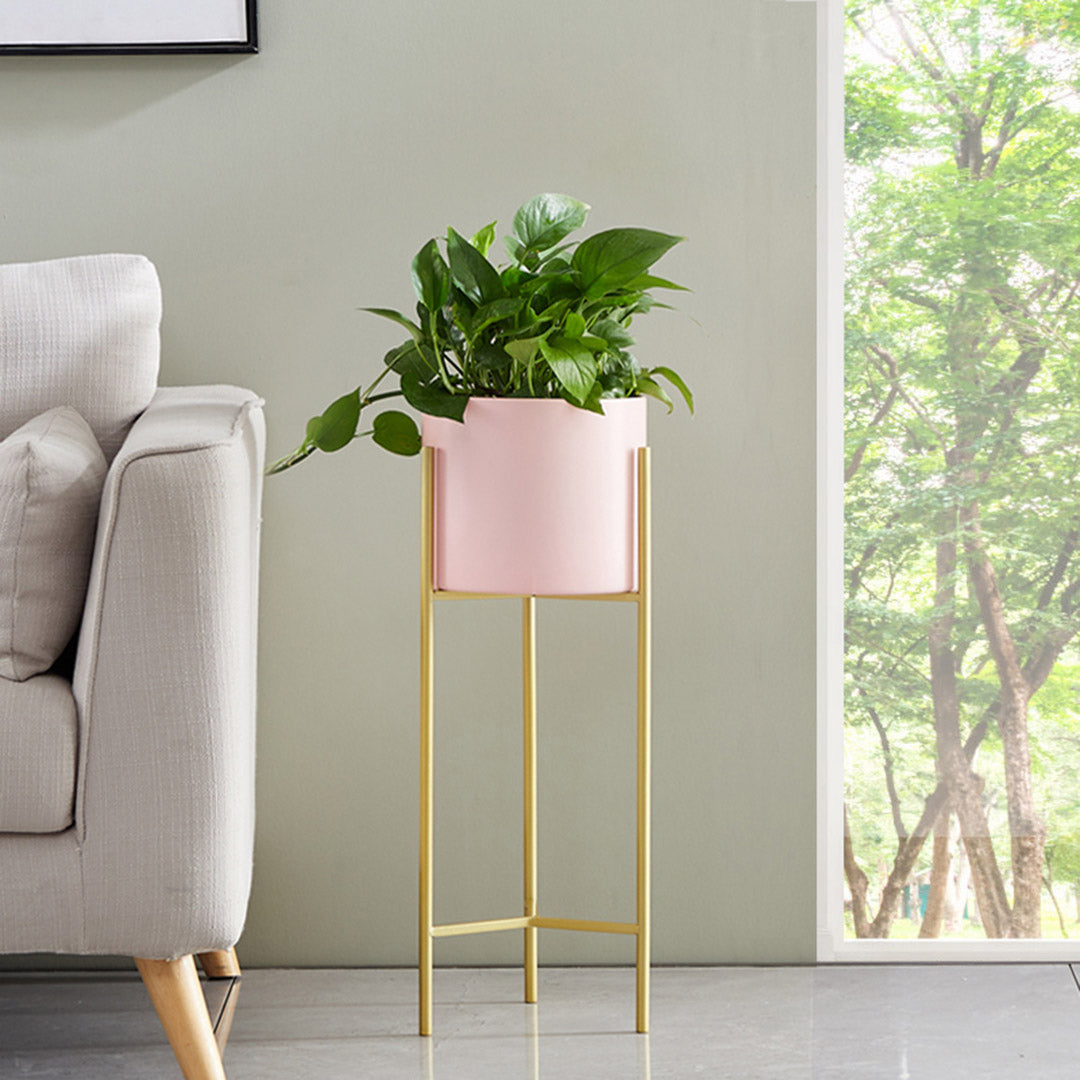 SOGA 2 Layer 42cm Gold Metal Plant Stand with Pink Flower Pot Holder Corner Shelving Rack Indoor Display