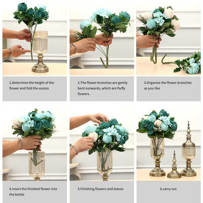 SOGA 2X Clear Glass Flower Vase with Lid and Blue Flower Filler Vase Bronze Set