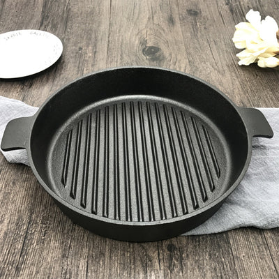 SOGA 25cm Round Ribbed Cast Iron Frying Pan Skillet Steak Sizzle Platter with Handle